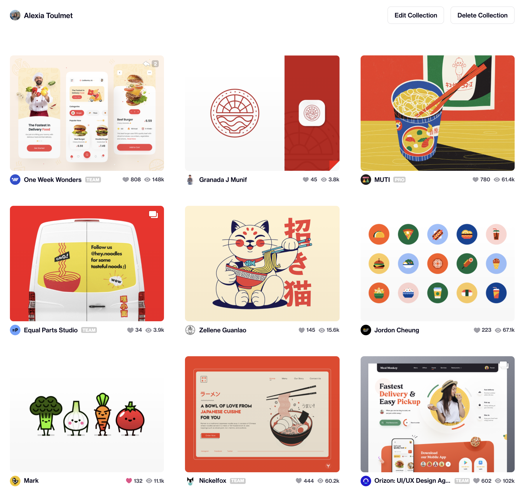 An online moodboard with 9 images with kawaii-inspired imagery and a red/orange color palette: some online meal ordering interfaces, some images of Asian noodles and one cartoon-style drawing of anthropomorphized vegetables.