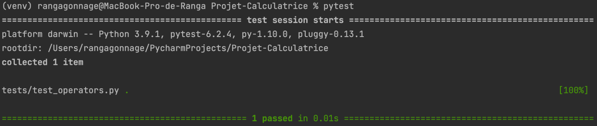 The test is successful after running it using the pytest command.