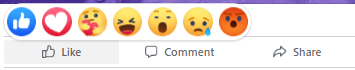 Screenshot of the different reactions in the form of emoji. A blue thumb, a pink heart, a laughing smiley, a surprised one, a crying one, and an angry one.