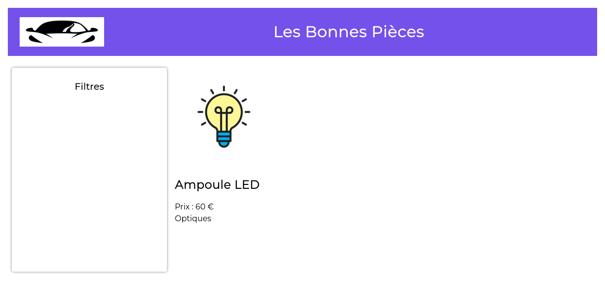 Capture d'écran de la fiche produit Ampoule LED sur le site des Bonnes Pièces. De haut en bas : image, nom, prix, catégorie.