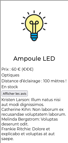 La fiche produit Ampoule LED avec un avis client affiché en bas