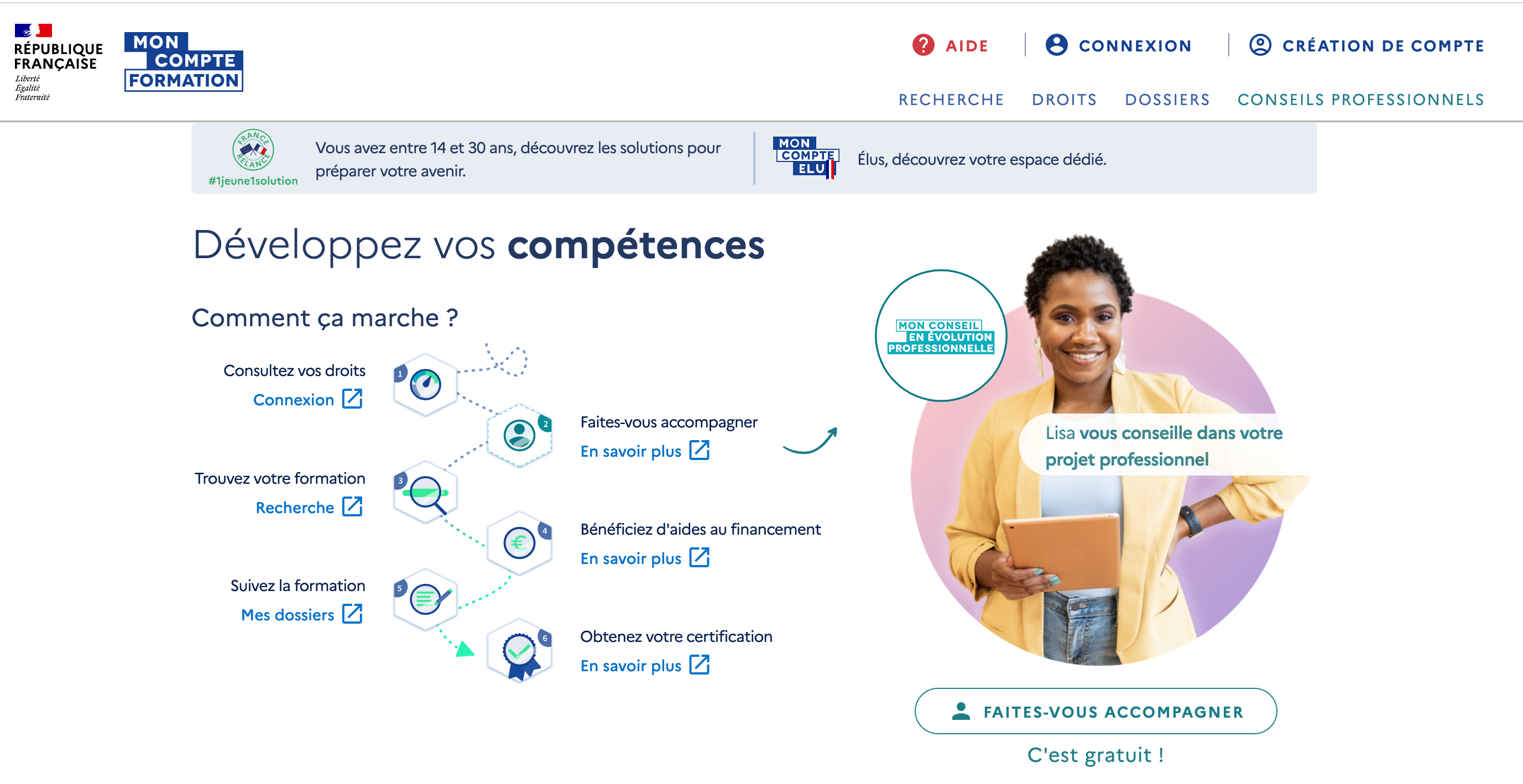Capture de la page d'accueil de moncompteformation.gouv.fr.