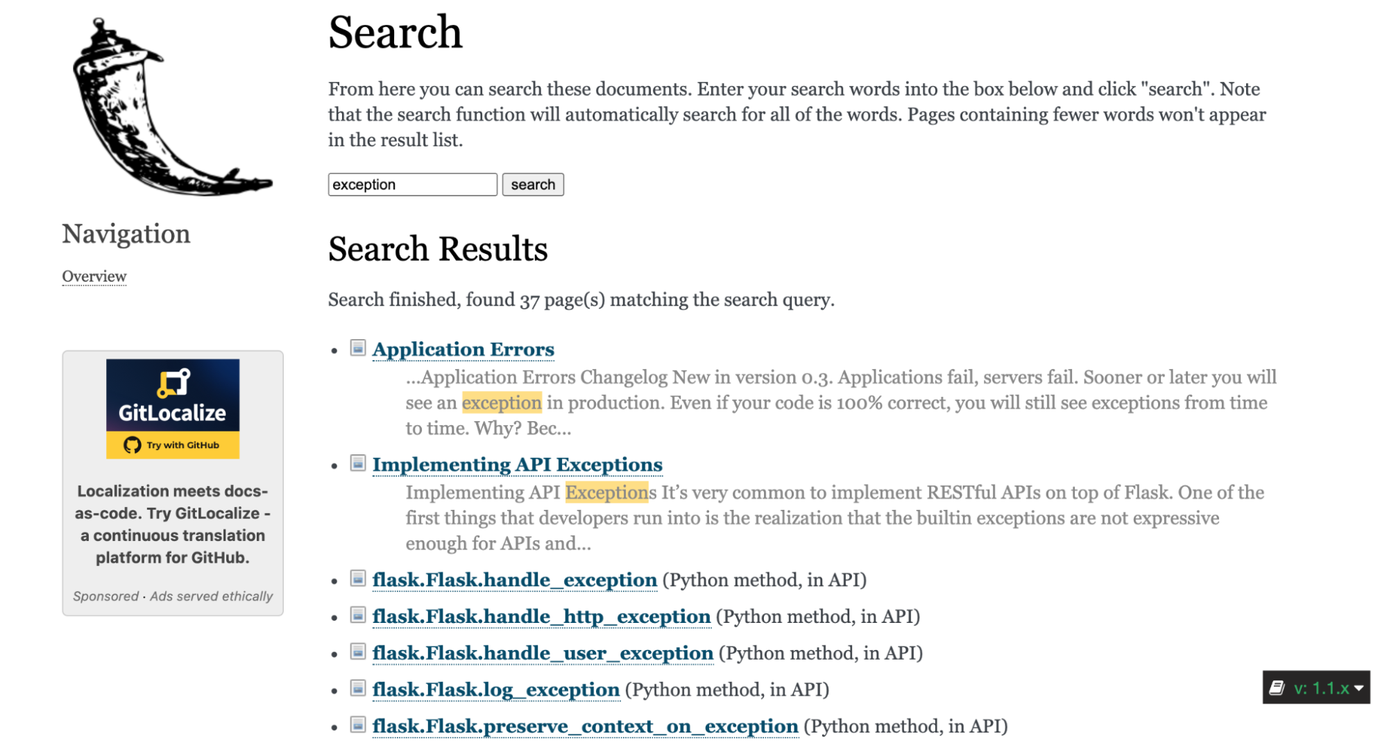 The results of an “exception”  search on the official Flask website