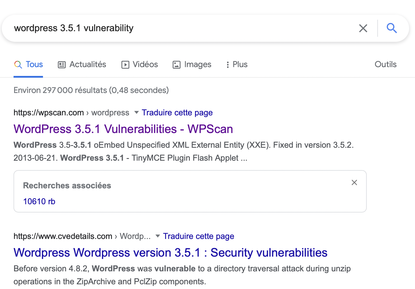 Google affiche les résultats de recherche sur les vulnérabilités présentes dans WordPress 3.5.1