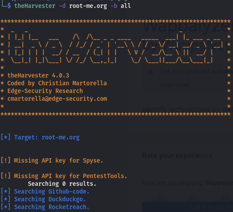 Capture d'écran d'un terminal. On voit une entête qui présente theHarvester, sa version et son créateur entre autres. Puis plus bas, on voit la cible recherchée, root-me.org, et le résultat de cette recherche.