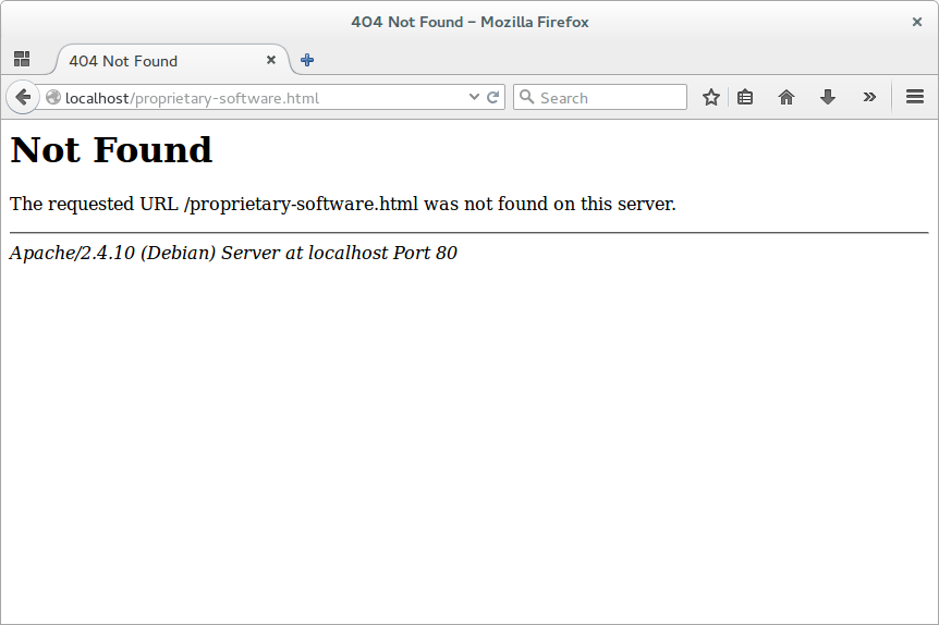 La page d'erreur 404 affiche que la page demandée est introuvable. On y voit la version du serveur Apache 2.4.10