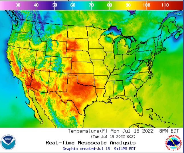 A picture shows a temperature map of the US for the 18 of July 2022, with a gradient of colors corresponding to different temperatures.