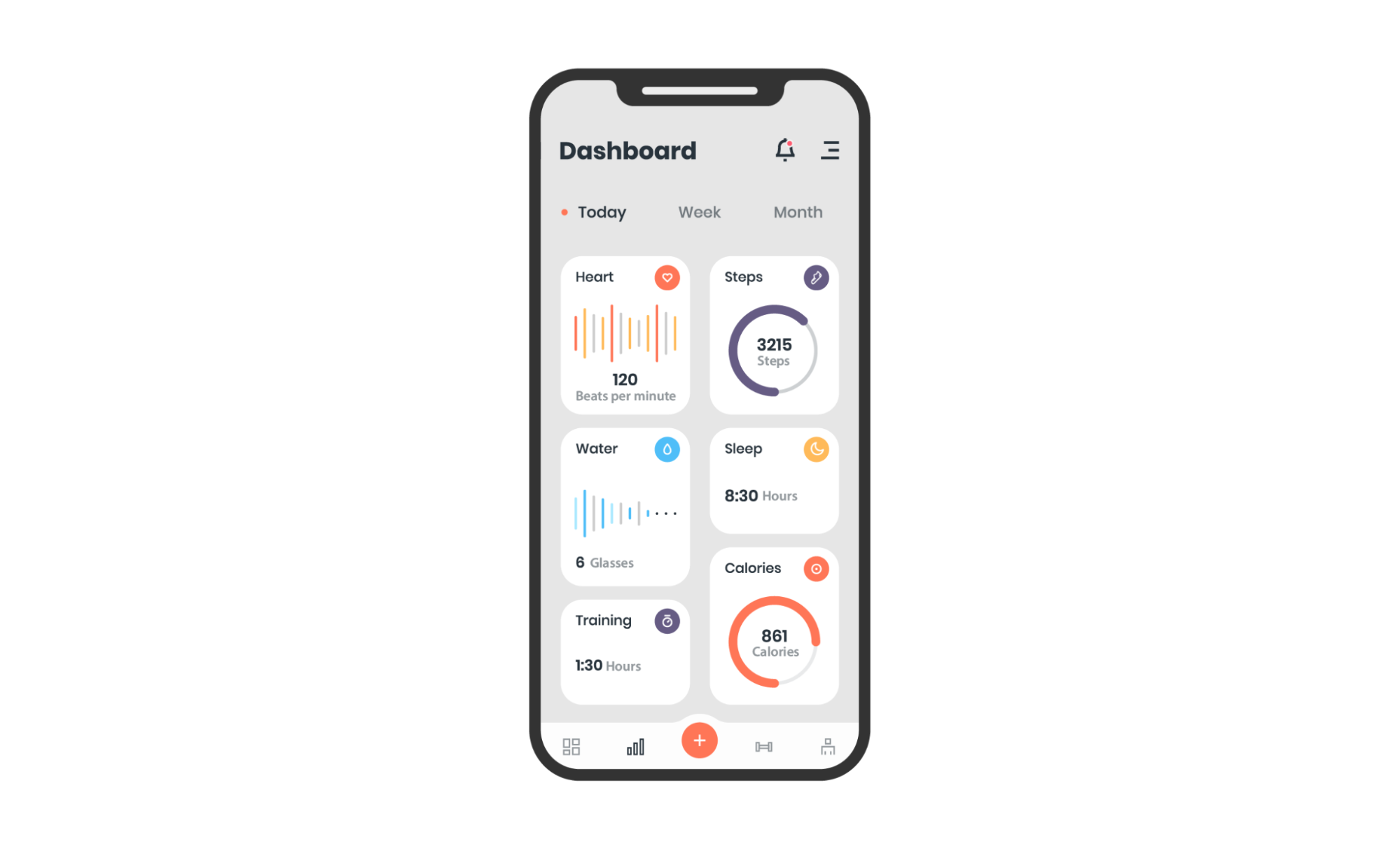 A picture shows a smartphone screen with an open fitness tracker app. On the app dashboard we can see the information about Zara’s heart rate, number of steps per day, water consumption, sleep quality, length of training and calories spent.