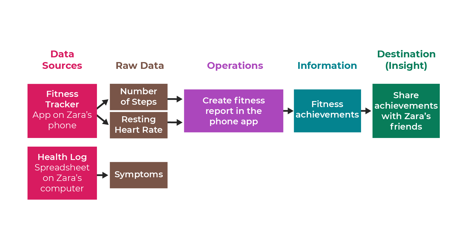 A picture shows the continuation of the previous data pipeline for Zara, but with a new data source: health log. The raw data issued from it are Zara's symptoms.
