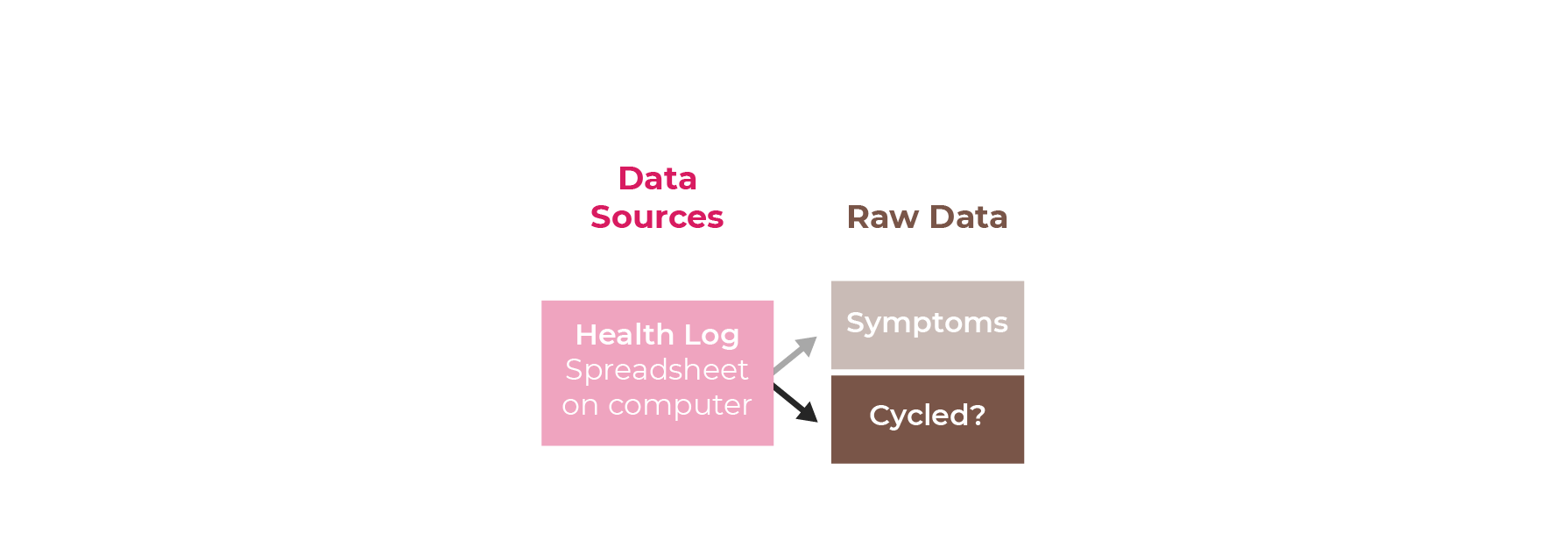 A picture shows the data pipeline sourcing from Zara’s health log. The raw data extracted from it are the symptoms and which days she cycled.