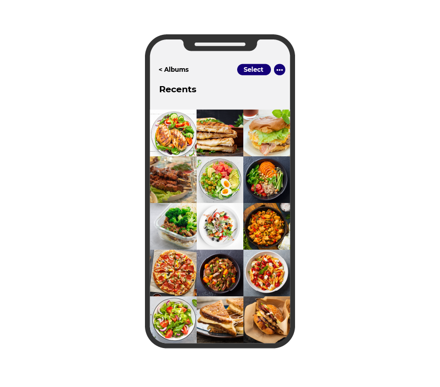 An image shows a phone screen with an open gallery of photos of meals.