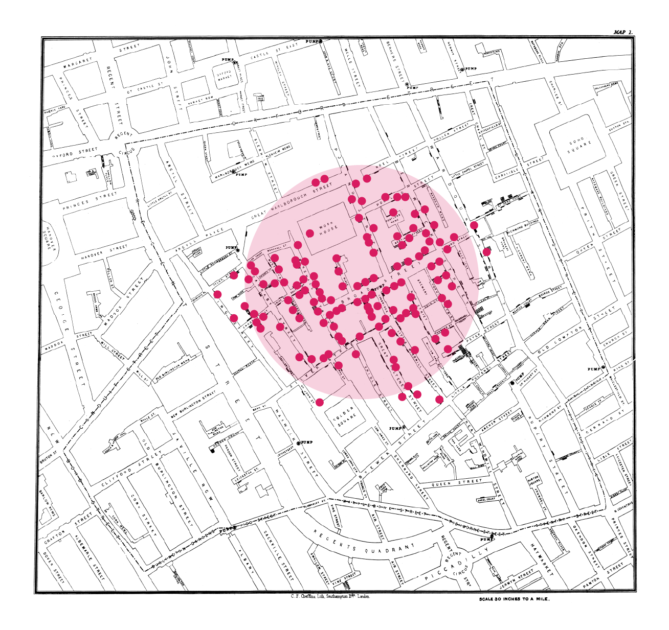 Map with plotted locations of people who died of cholera during the outbreak in London in 1852.
