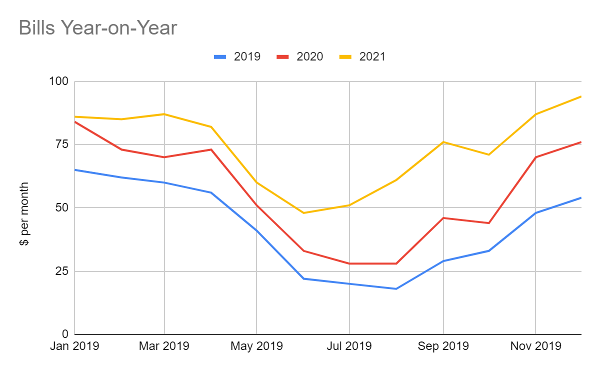 Line chart of  Zara's year-by-year spending data.