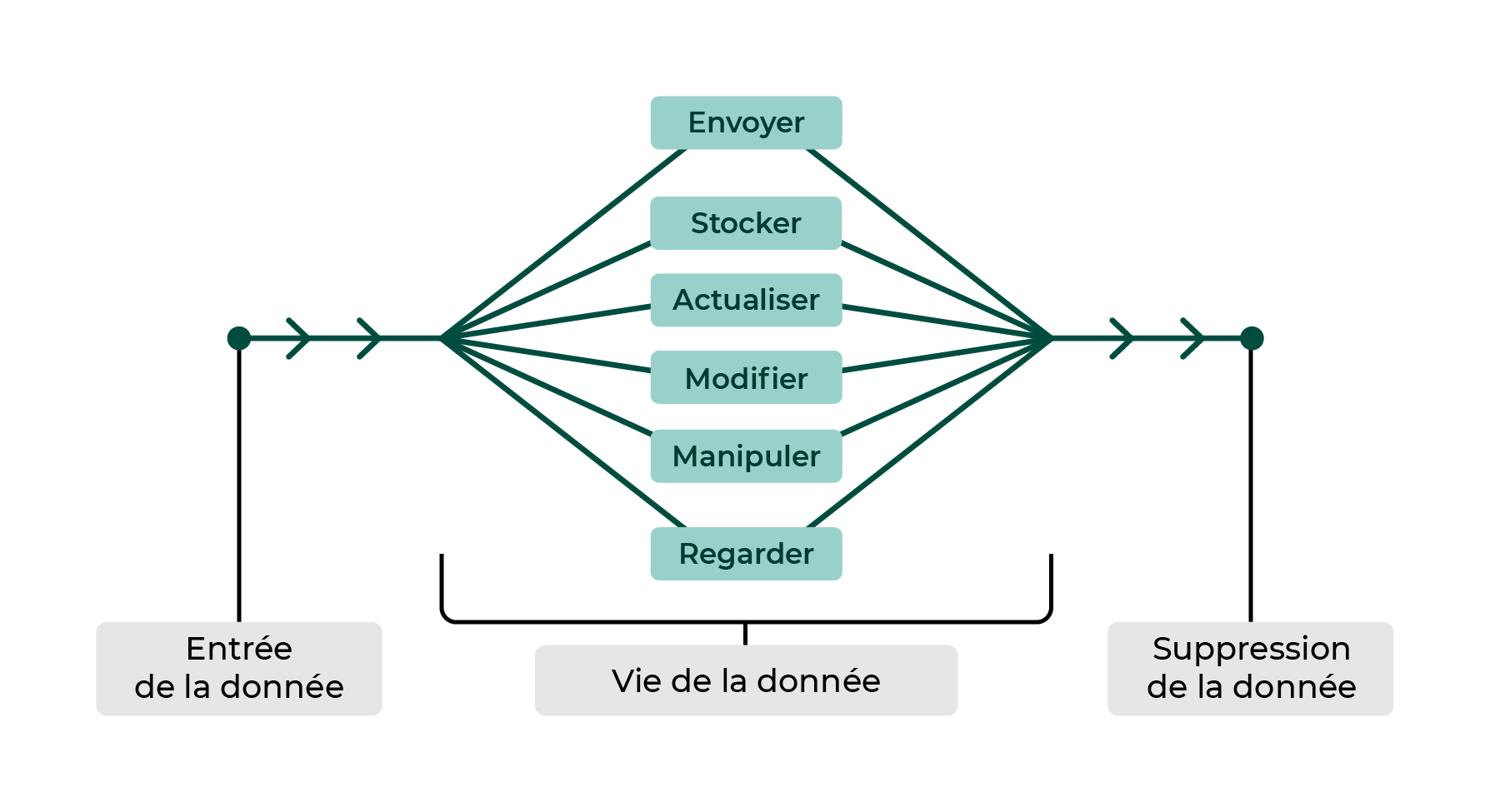 Ce diagramme montre les 3 étapes de la vie de la donnée. L'entrée, la vie et la suppression.