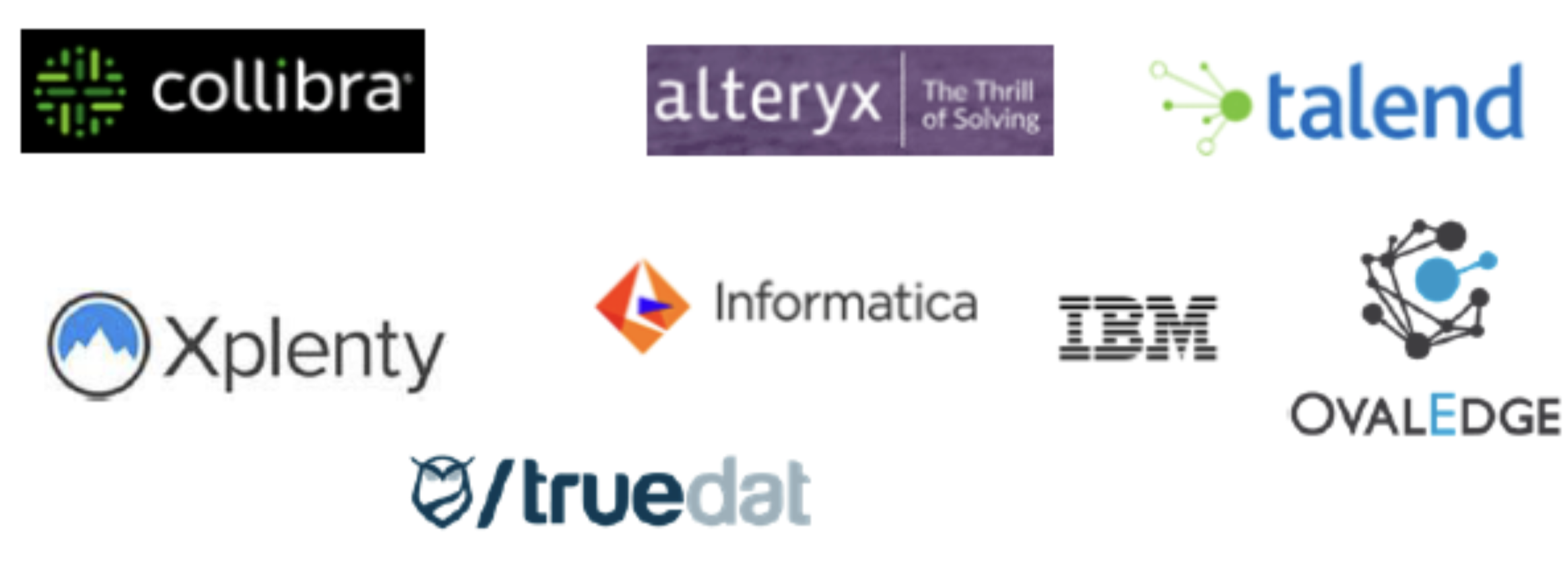 Les logos des outils les plus connus en matière de gouvernance des données : Collibra, Alteryx, Talend, Informatica, OveralEdge, IBM, Xplenty, /truedat