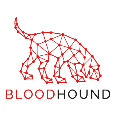 Logo de BloodHound avec un chien stylisé, en couleur rouge. Et le nom de l'entreprise dessous.