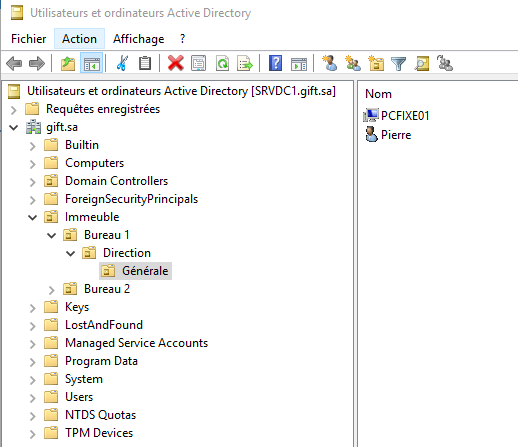 L'outil Utilisateurs et ordinateurs Active Directory est ouvert sur la fenêtre Action. Dans la liste sur la gauche, Direction Générale est ouverte à partir de gift.sa. Sur la droite nous voyons l'utilisateur Pierre avec l'ordinateur PCFIXE01.