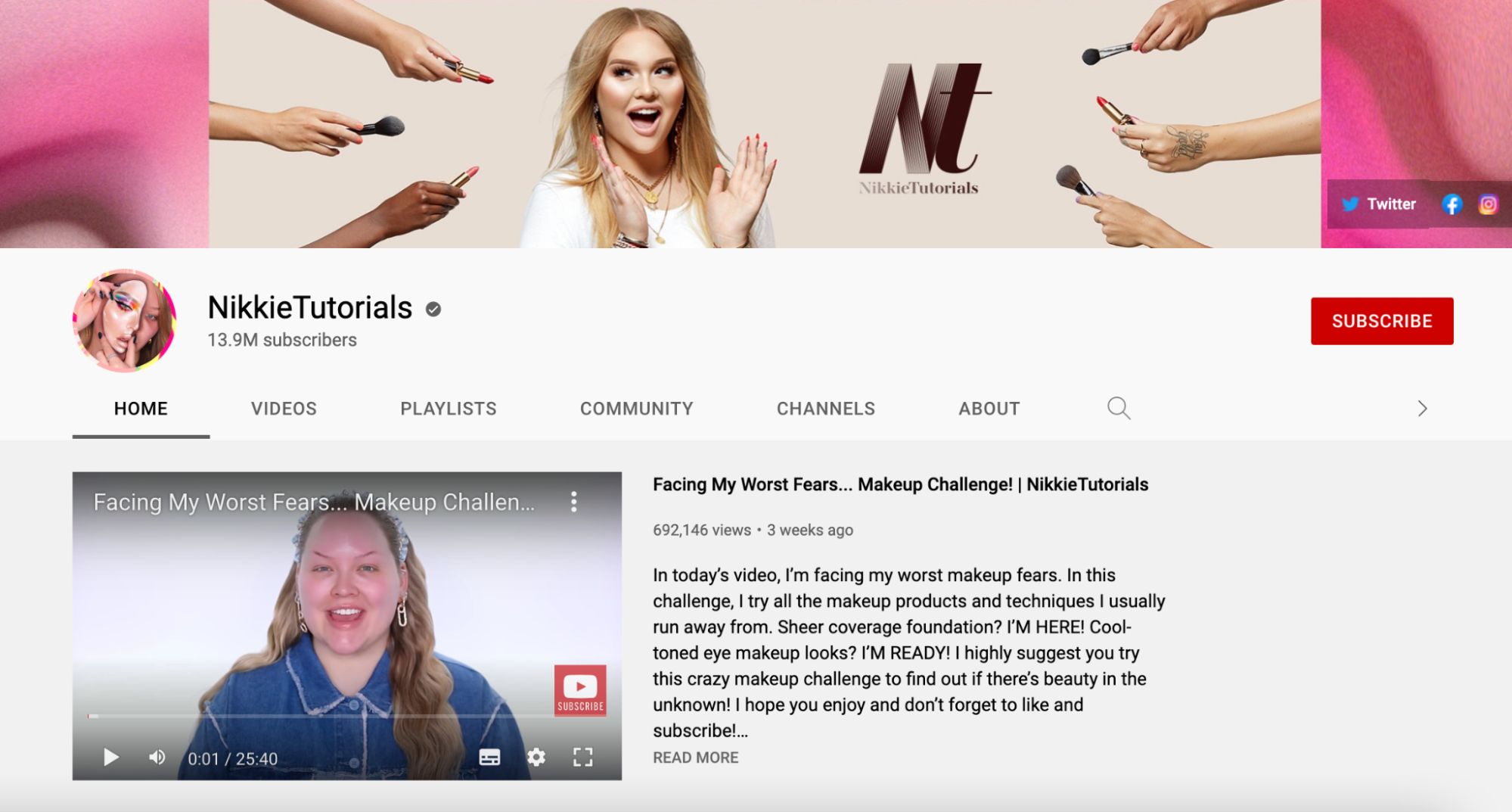 YouTube profile of the influencer NikkiTutorials