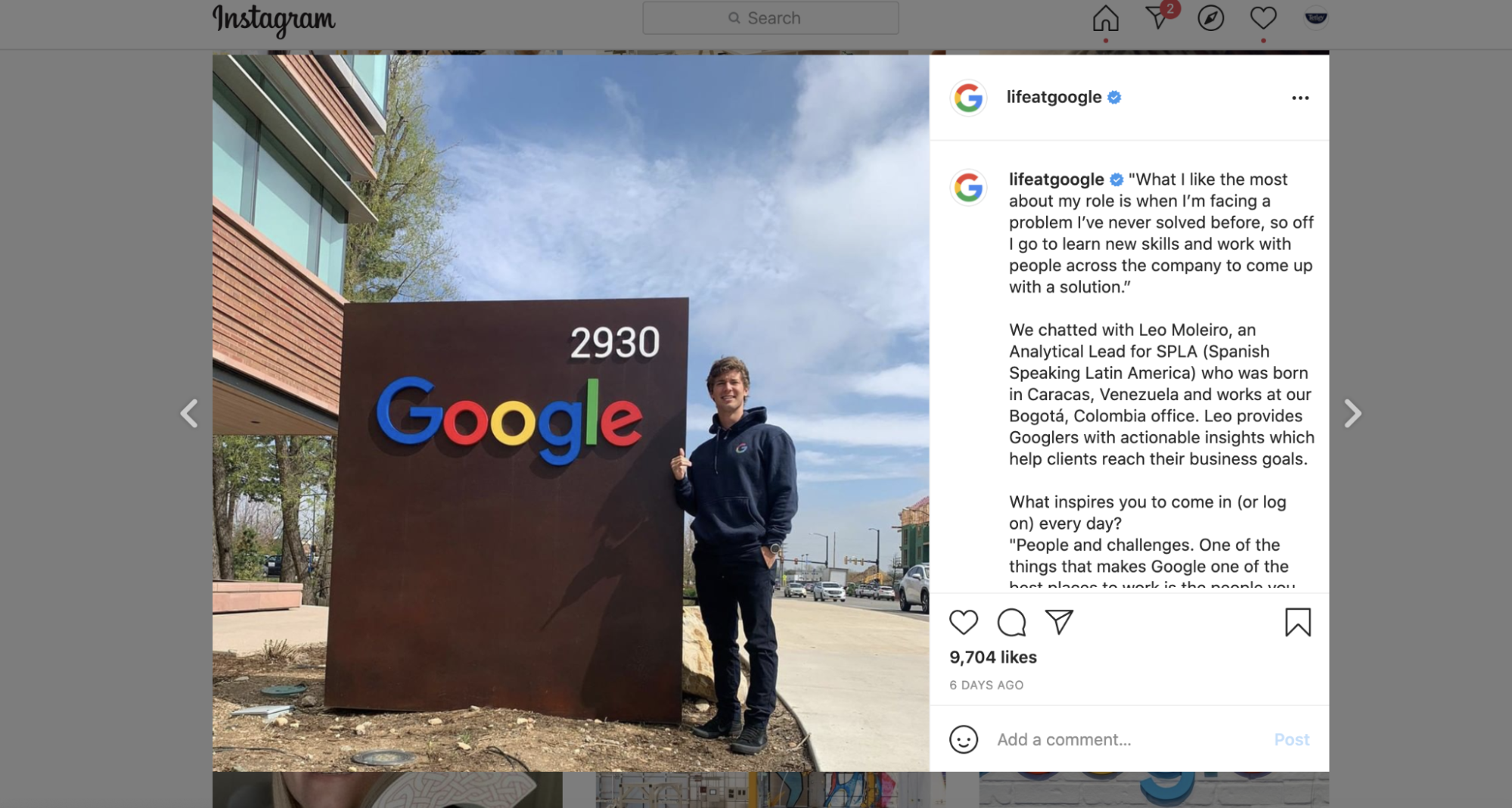 An Instagram post on the lifeatgoogle account, which features a quote from an employee
