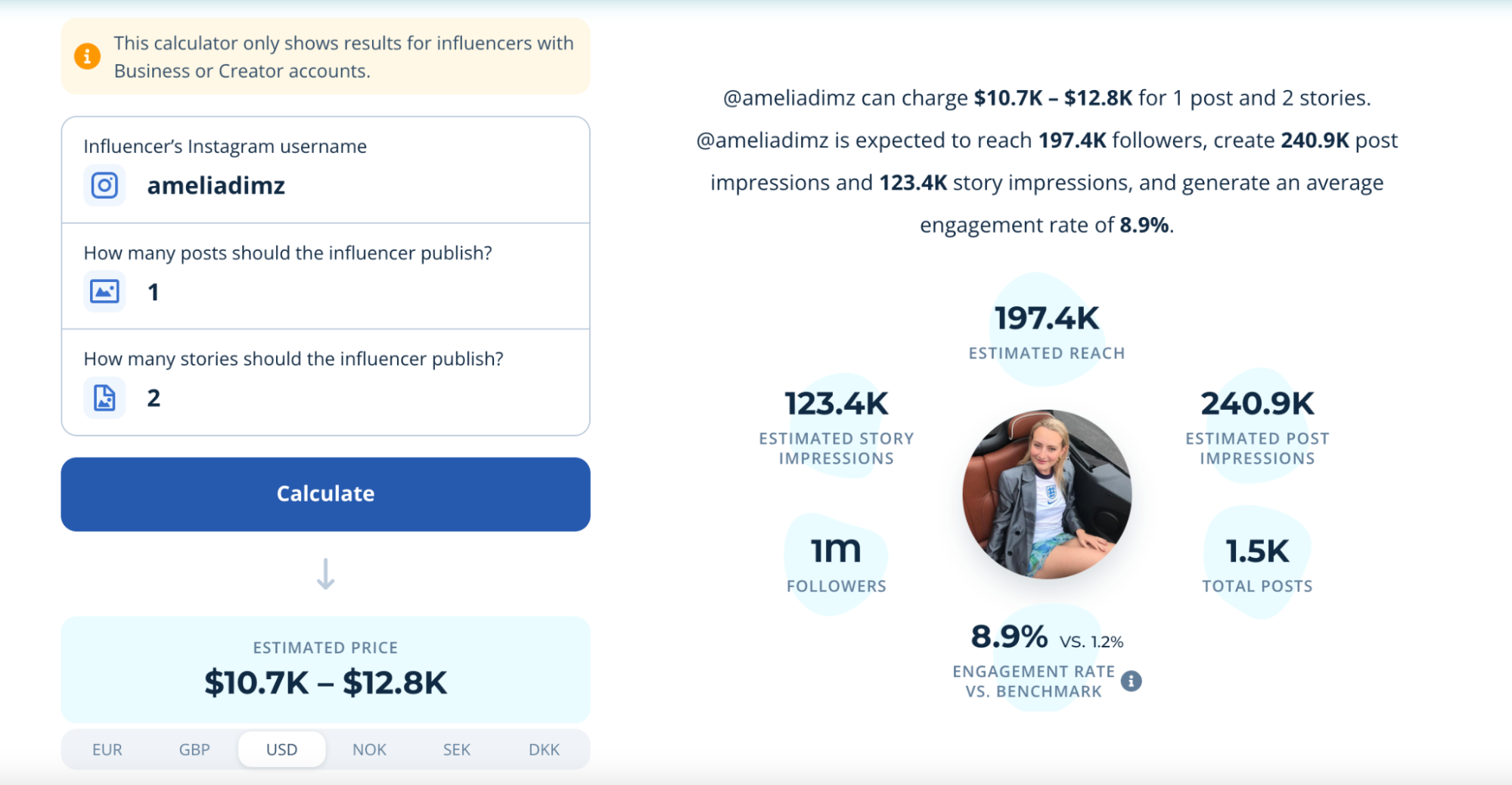 Example of a price estimate for an influencer