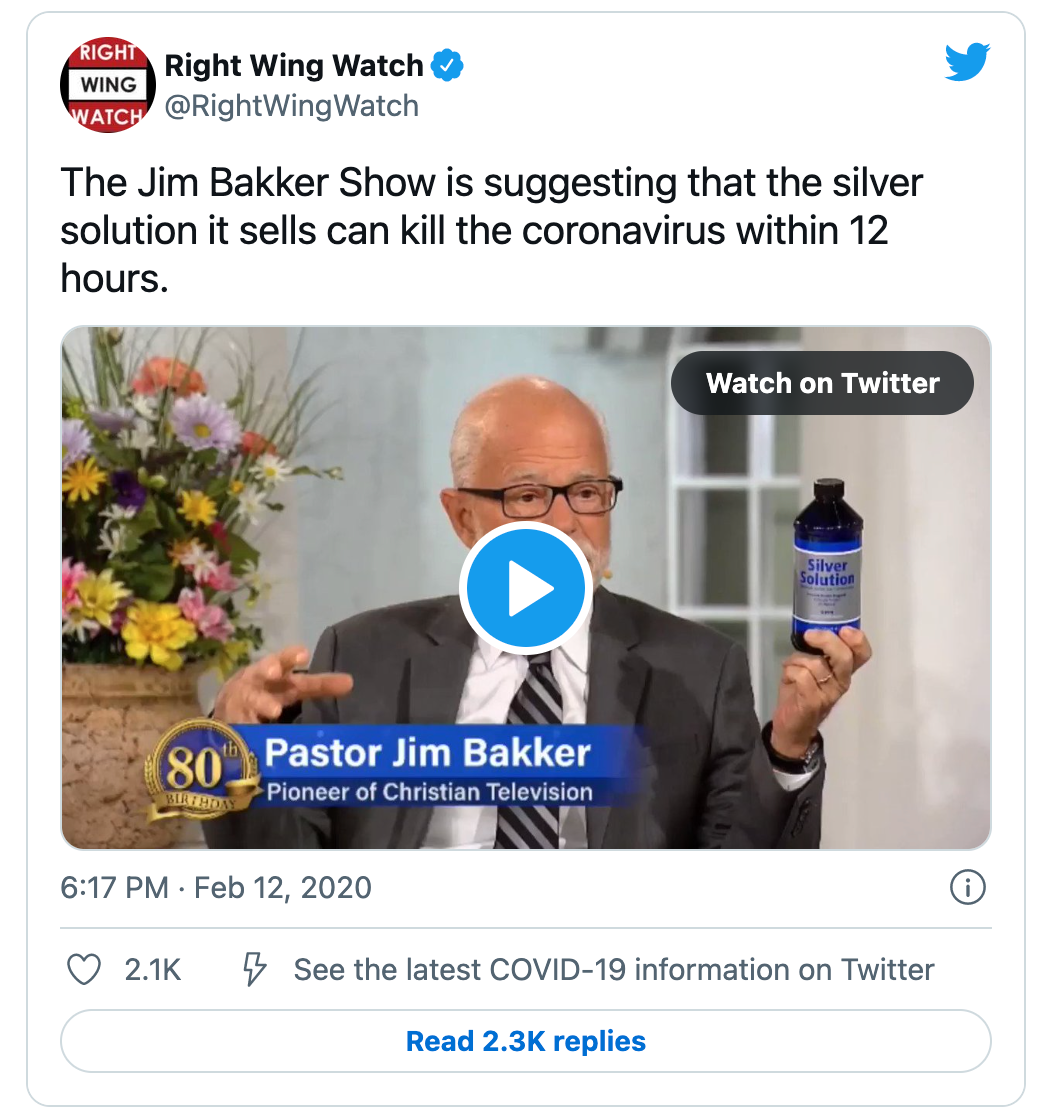A tweet about silver solution being promoted as a fake cure for COVID by Jim Bakker