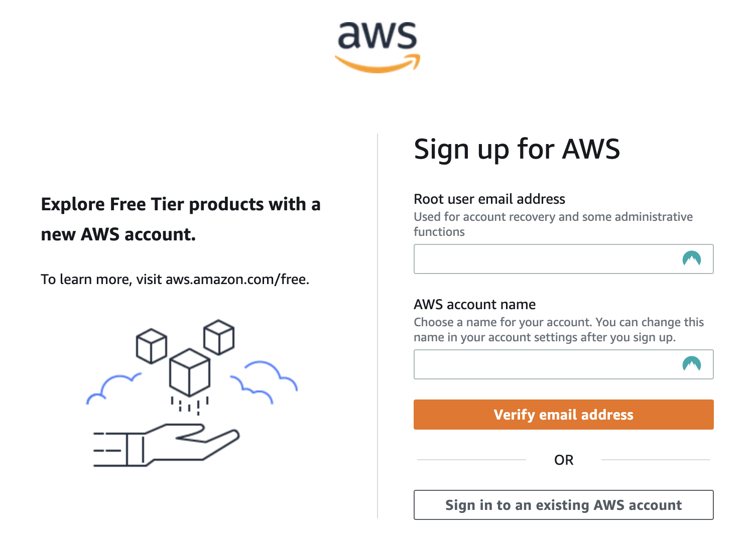 The AWS signup form
