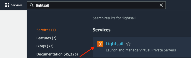 Lightsail on the list of services accessible from the console