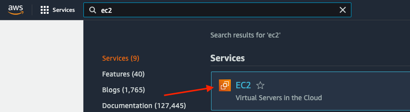 Searching for the EC2 service