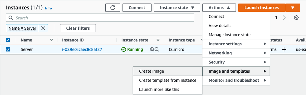 Go to the menu to create an image of your EC2 instance