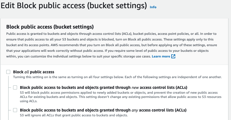 Unchecking the boxes to disable public access blocking