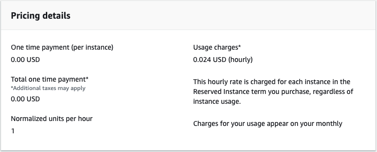 Pricing information for a reserved instance