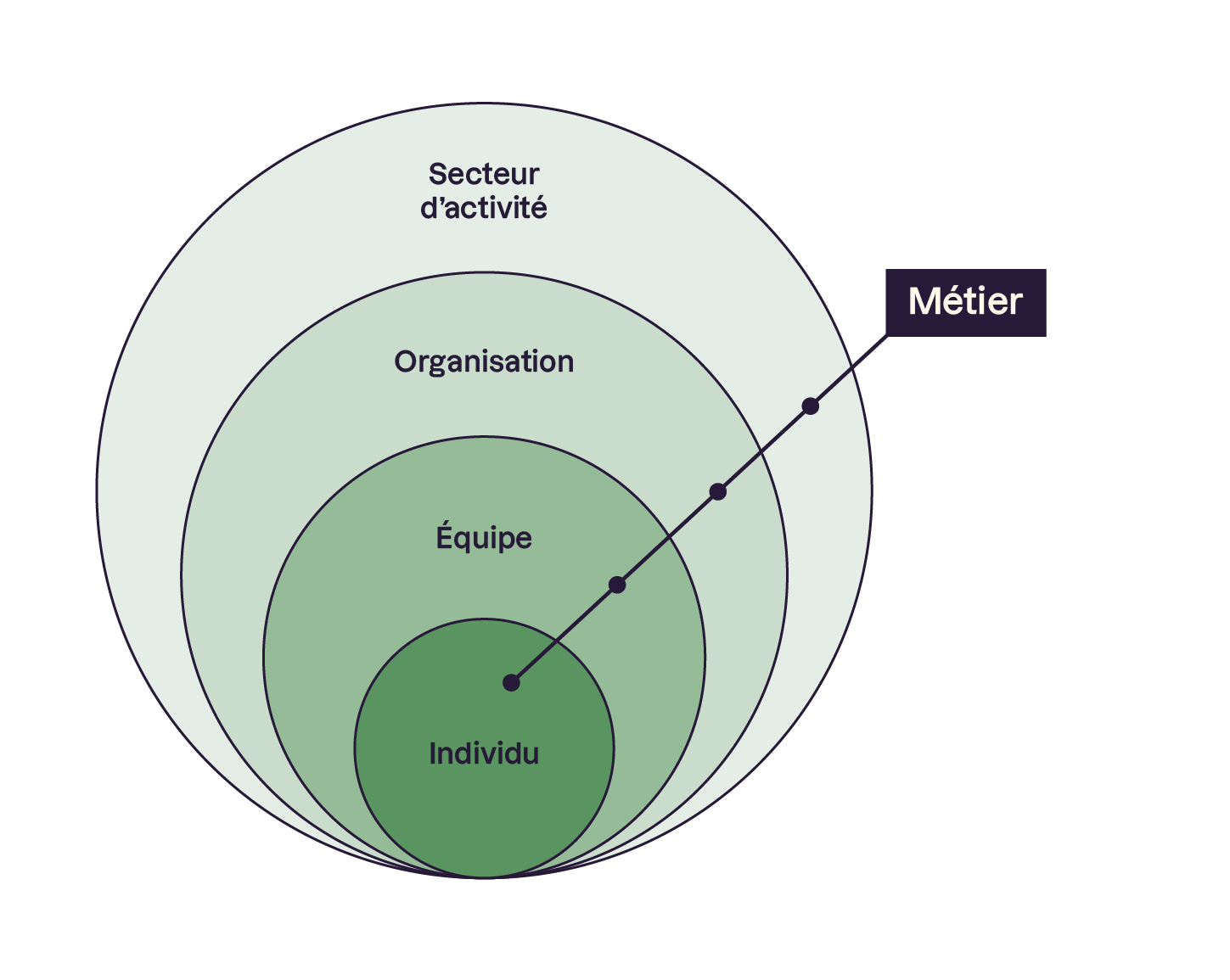 Plusieurs cercles imbriqués avec rédigé dedans, du plus petit au plus grand : individu, équipe, organisation, secteur d'activité. Et pour chaque cercle le terme de métier et précisé