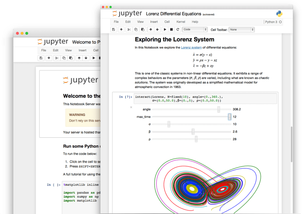 Examples of different windows of Jupyter Notebook