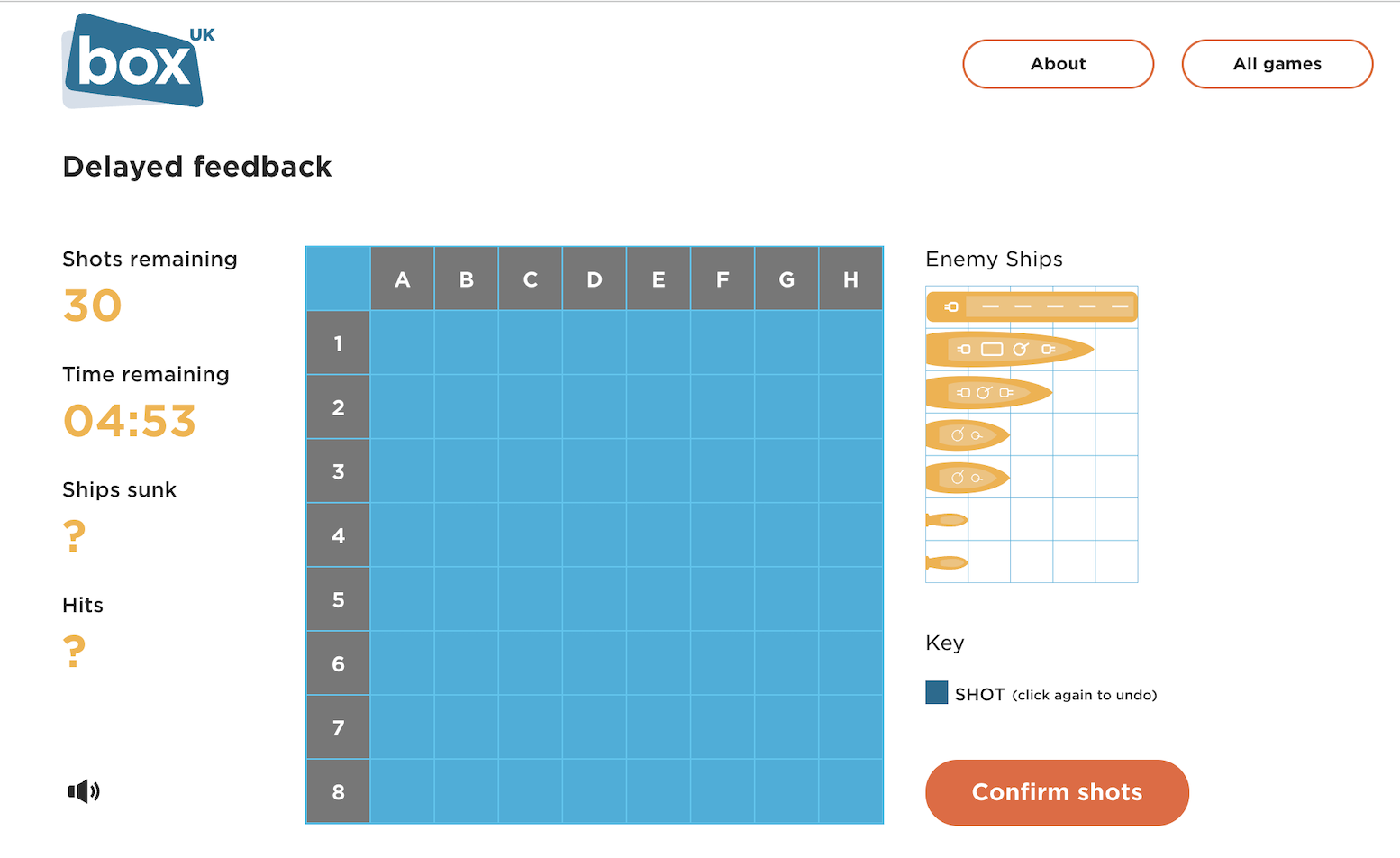 Screenshot of the Battleships online game interface