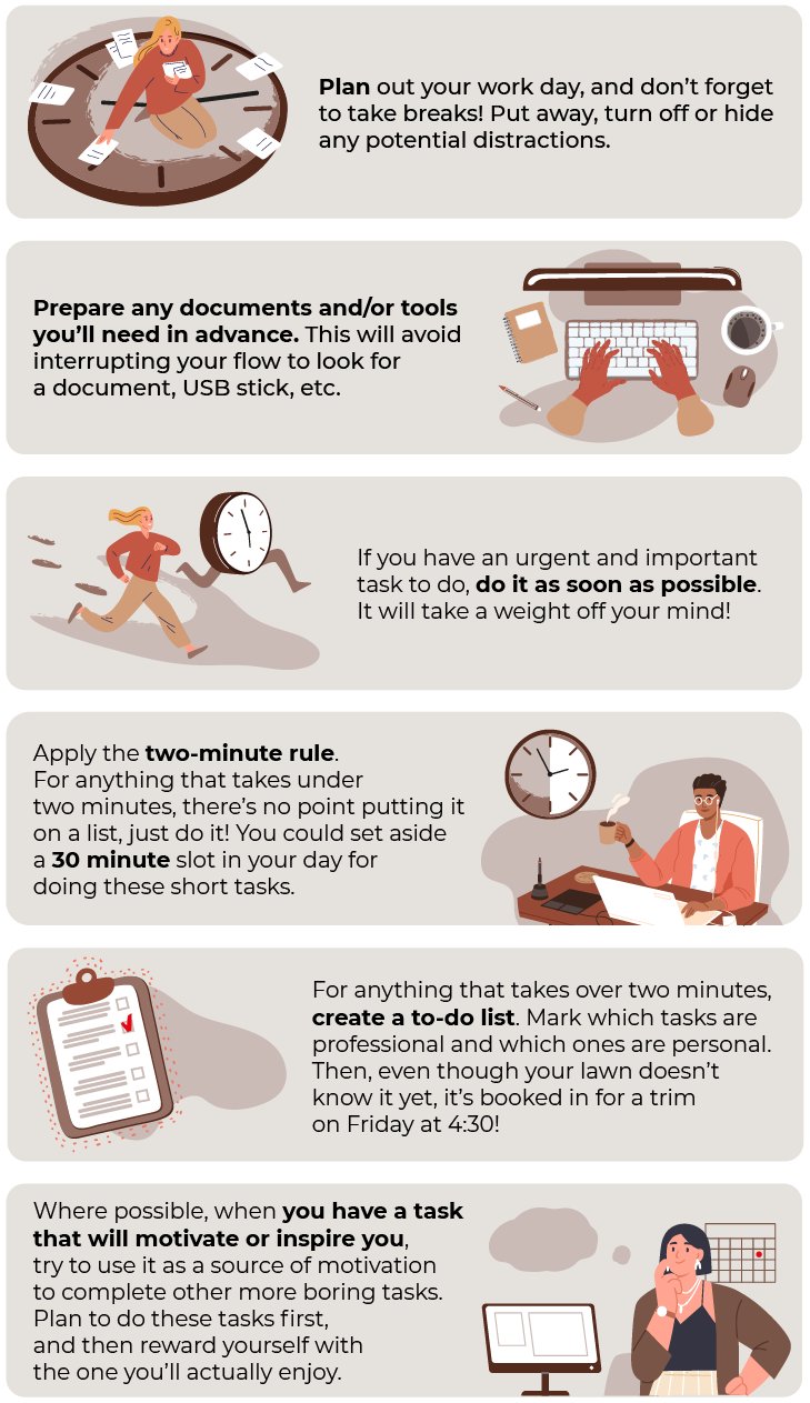 Infographic giving remote working and time management advice: plan out your work day and take breaks, prepare any documentation you'll need in advance, take care of any urgent tasks ASAP, apply the two-minute rule, create a to-do list, and use any tasks t