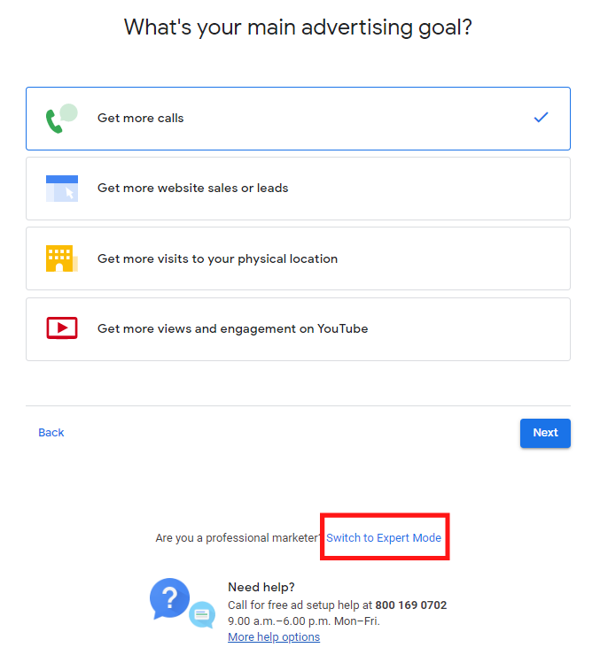 A Google Ads page asks you to select your main advertising goal from a list. The Switch to expert mode button is outlined.