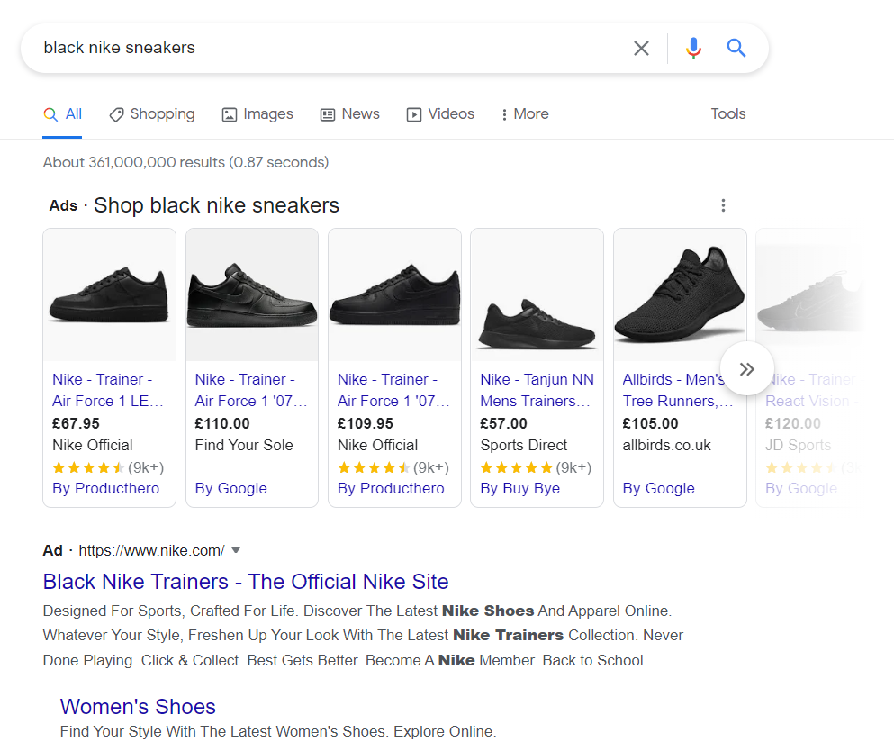 Screenshot of a Google search for Nike black sneakers. The first results shown are images of sneakers with titles, prices, and a score out of five stars.