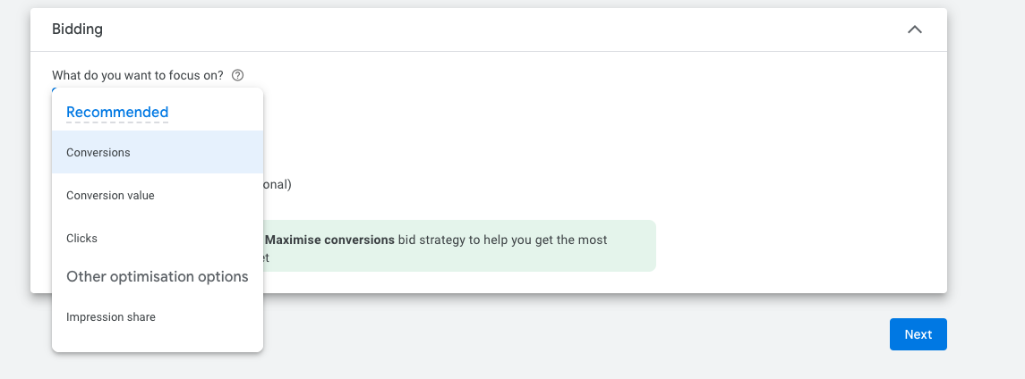In the Select your bid strategy menu, the Maximize conversions option is selected.