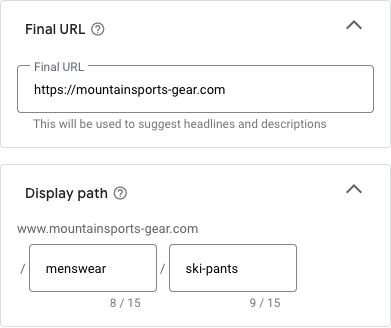 Final URL: https://mountainsports-gear.com. Display URL: https://mountainsports-gear.com with two fields that can contain a maximum of 15 characters each.