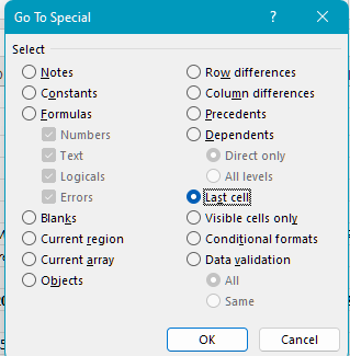 Select “Last cell” in the “Go To Special” window