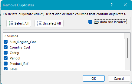 Select the columns to define duplicates