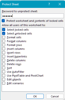 The “Protect Sheet” dialog box lets you protect cells