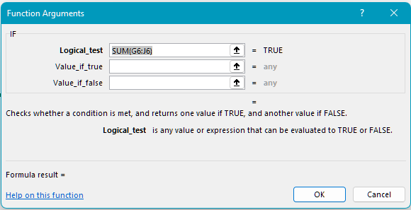 The SUM() function is fully nested within the IF() function