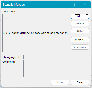 The Scenario window opens. You’ll use it to create as many scenarios as there are price proposals