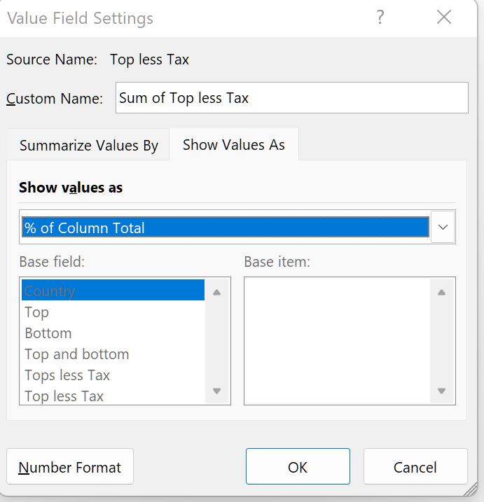 Go to the “Show Values As” tab to select the calculation method “% of Column Total”