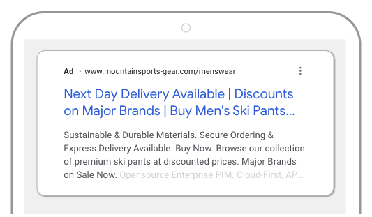 Preview of the ad shown in smartphone format. Ad www.mountainsports-gear.com/menswear, Buy Men's Ski Pants Now, Discounts on Major Brands, Next Day Delivery Available.