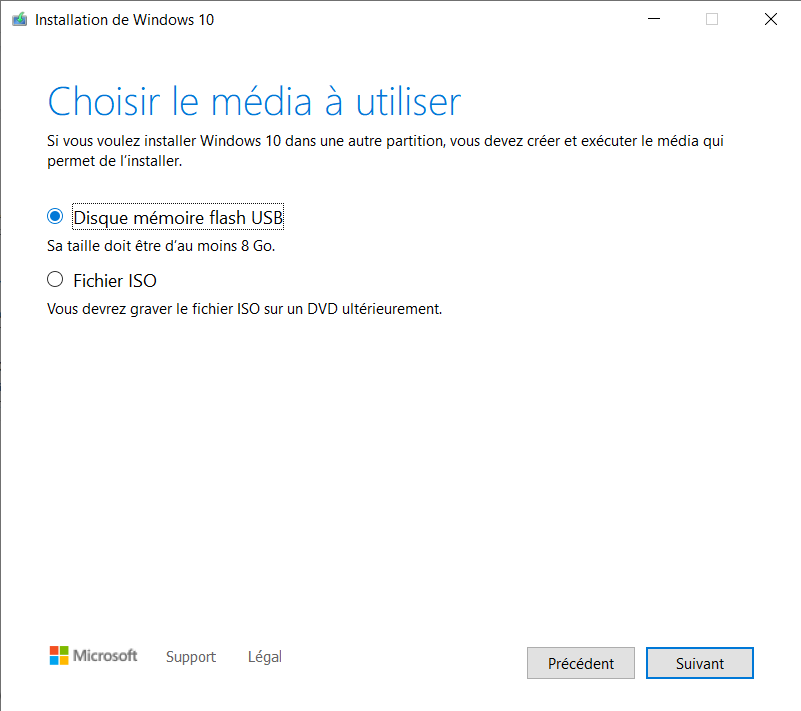 Installer Windows 10 avec une clé USB en cliquant sur la première option