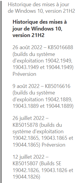 Une liste des Releases de Windows 10