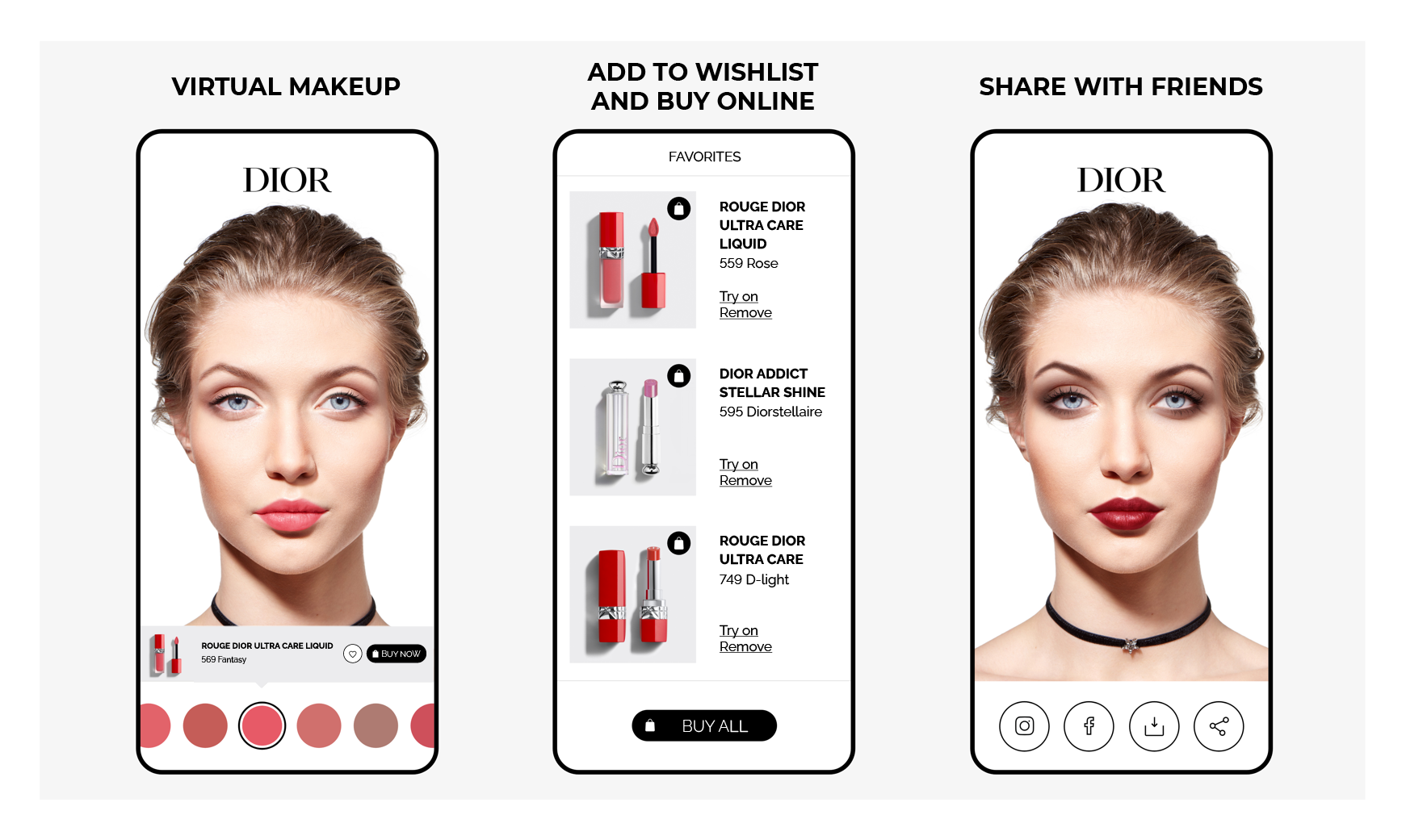 3 visuals of the Dior app  side by side. The first and third represent show the face of a female-presenting person with a palette of lipstick colors. The second one shows the lipsticks corresponding to the colors, which can be purchased. The third shows w