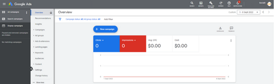 Overview of the Google Ads interface. 0 clicks, 0 impressions, $0.00 average CPC, $0.00 cost.